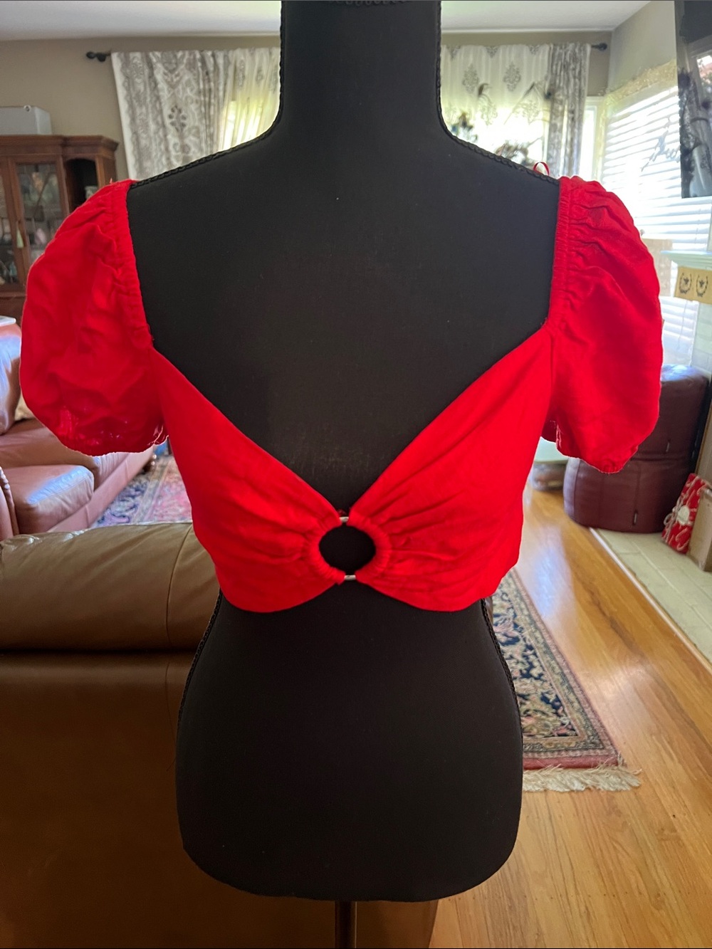 Elodie Red Puff-Sleeve Crop Top with Front Ring